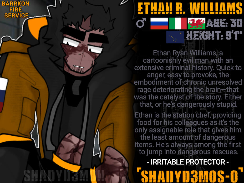 This is ETHAN WILLIAMS. Been my persona since 2019 and represents me throughout my content, and he's also the main character of SHADYD3MOS-0. Epic right. You can find his bio here
